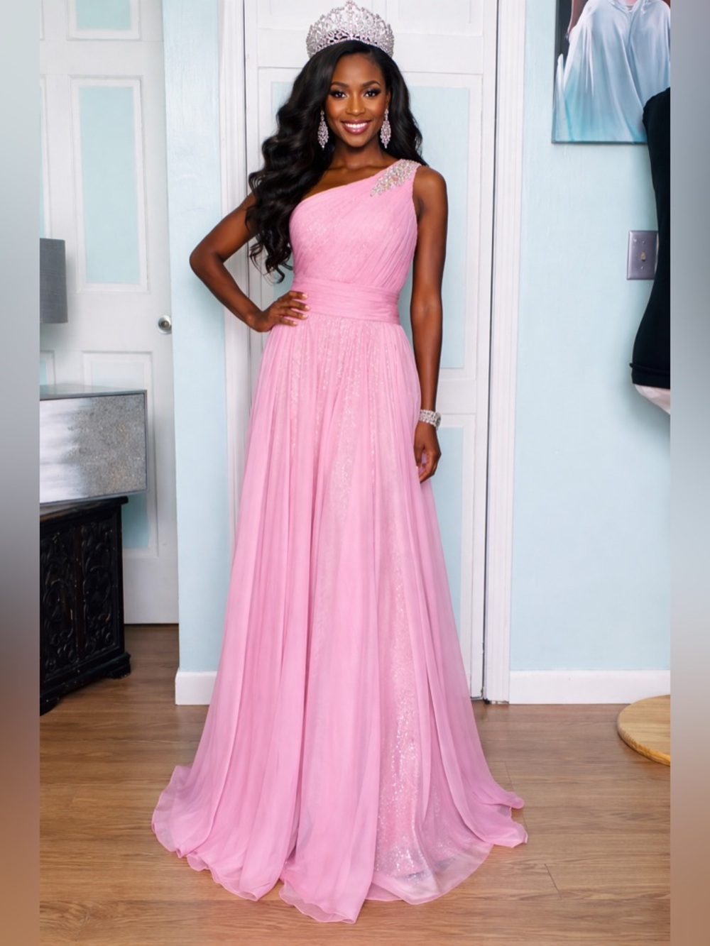 Size 6 One shoulder Sequin Chiffon Pink Prom Mother Gala Cruise Dress Gown